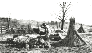 Unknown African American male breaking hemp on hand brakes in a field of hemp stalk stacks