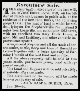 Newspaper notice of executors’ sale for estate of John Burks