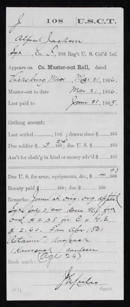 Alfred Jackson, Muster-out Roll