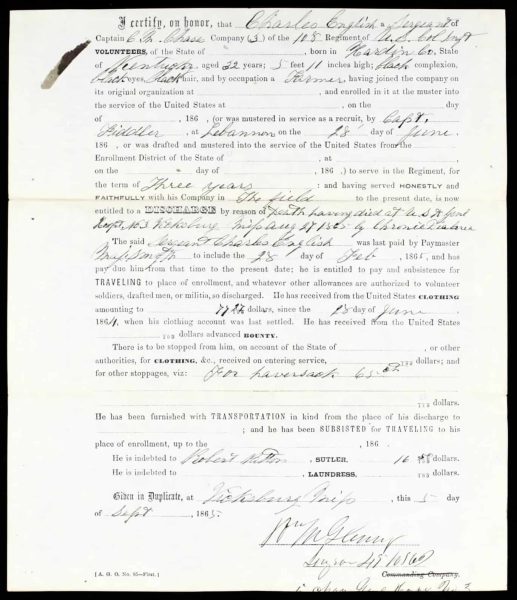 Charles English, Discharge by Reason of Death