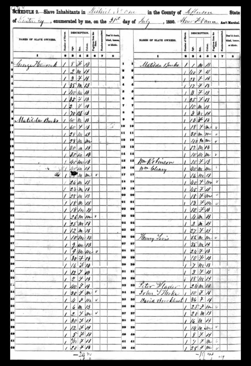 Matilda Burks, 1850 U.S. Federal Census Slave Schedule
