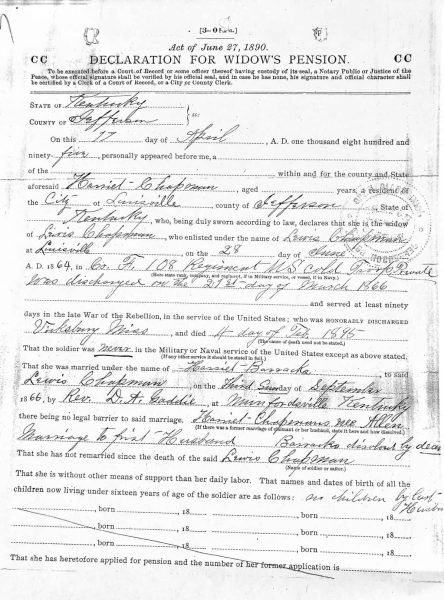 Lewis Chapman, Declaration for Widow's Pension